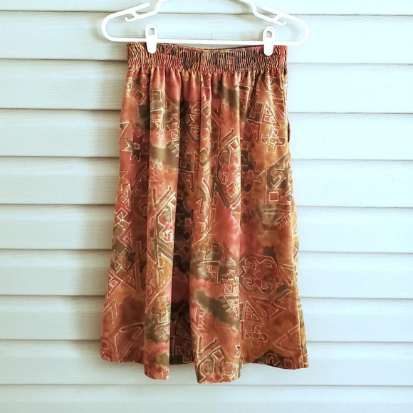 Vintage 80's 90's S/M earthy orange brown green geometric soft midi skirt - Picture 2 of 5
